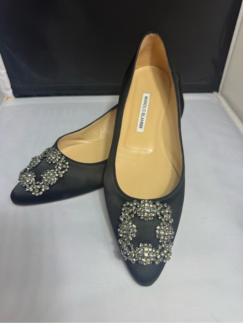 Manolo Blahnik Black Satin Pointed Flats with Crystal Buckle